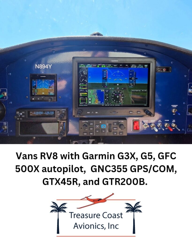 Picture of an airplane control panel equipped with Garmin RV8